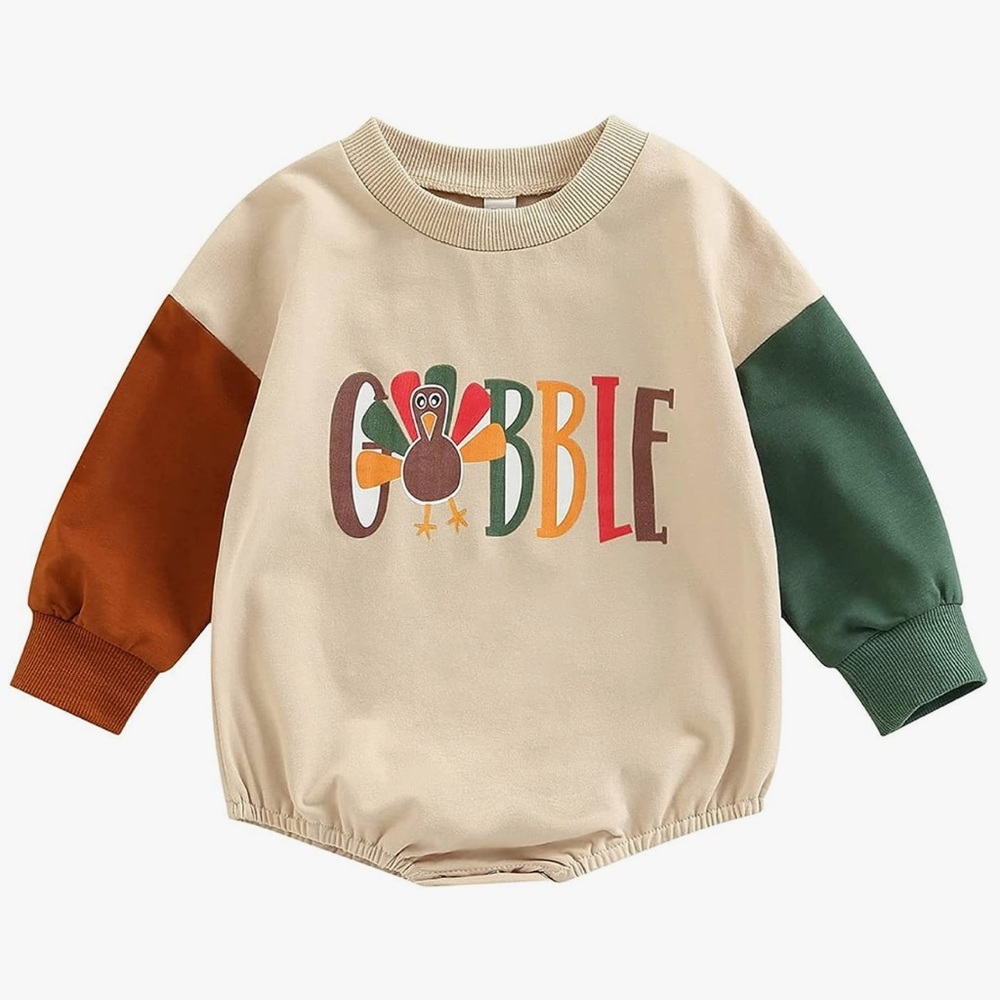 0-3 Months Girl or Boy Oversized Thanksgiving Turkey Gobble Sweatshirt Romper